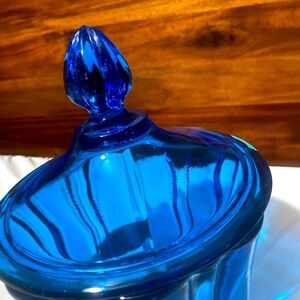 Mid Century Art Glass Blue Pedestal Candy Jar